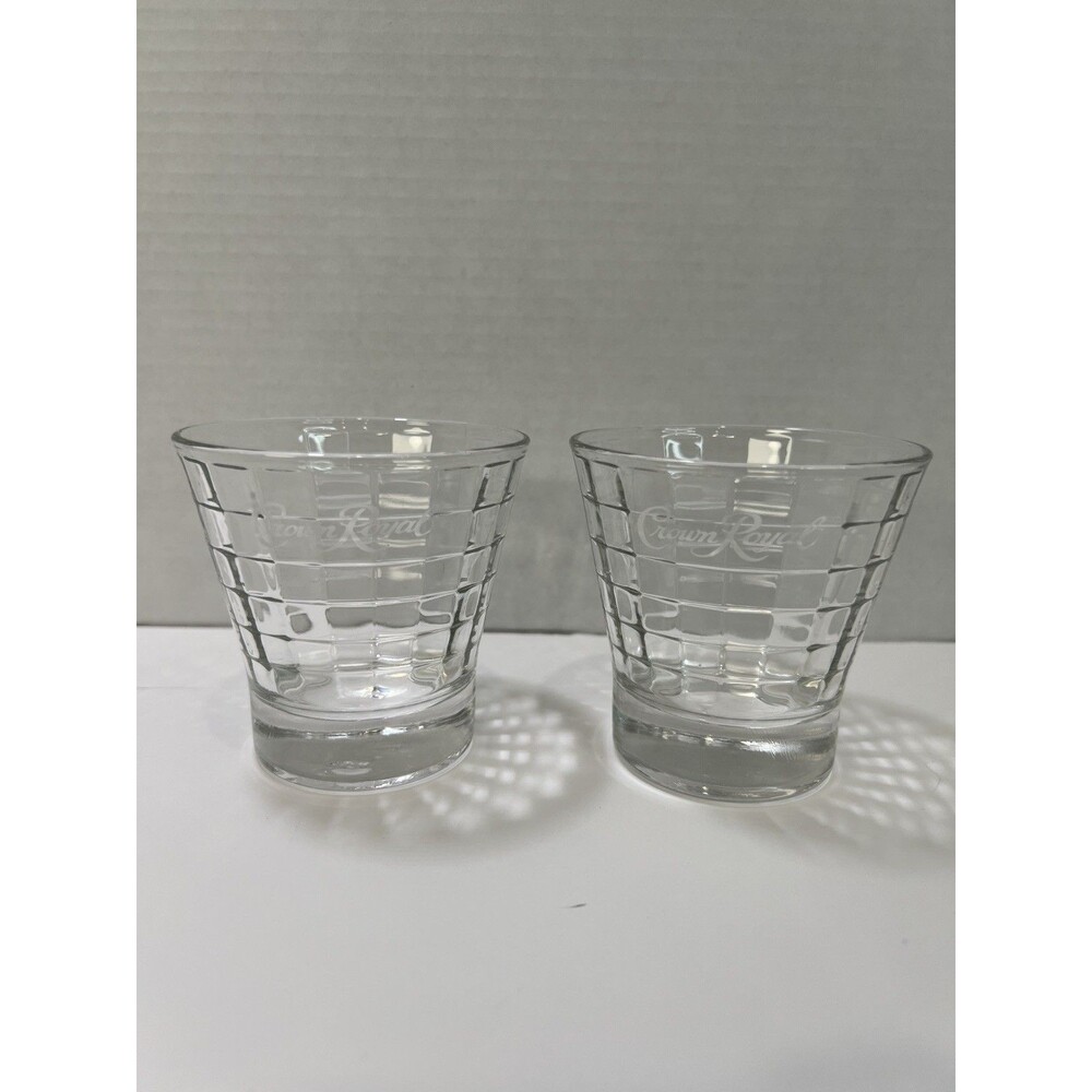 Set Of 2 Vintage CROWN ROYAL Logo Tapered Optic Block Rocks Whiskey Glasses